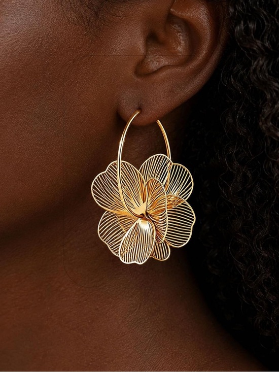Anthropologie Jewelry - 14K Gold Plated Flower Filigree Hoop Earrings